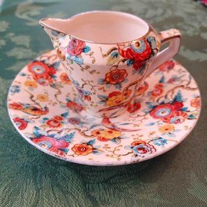 Grimwades England Royal Winton Ivory Norman Exotic Birds 1930s Creamer & Saucer